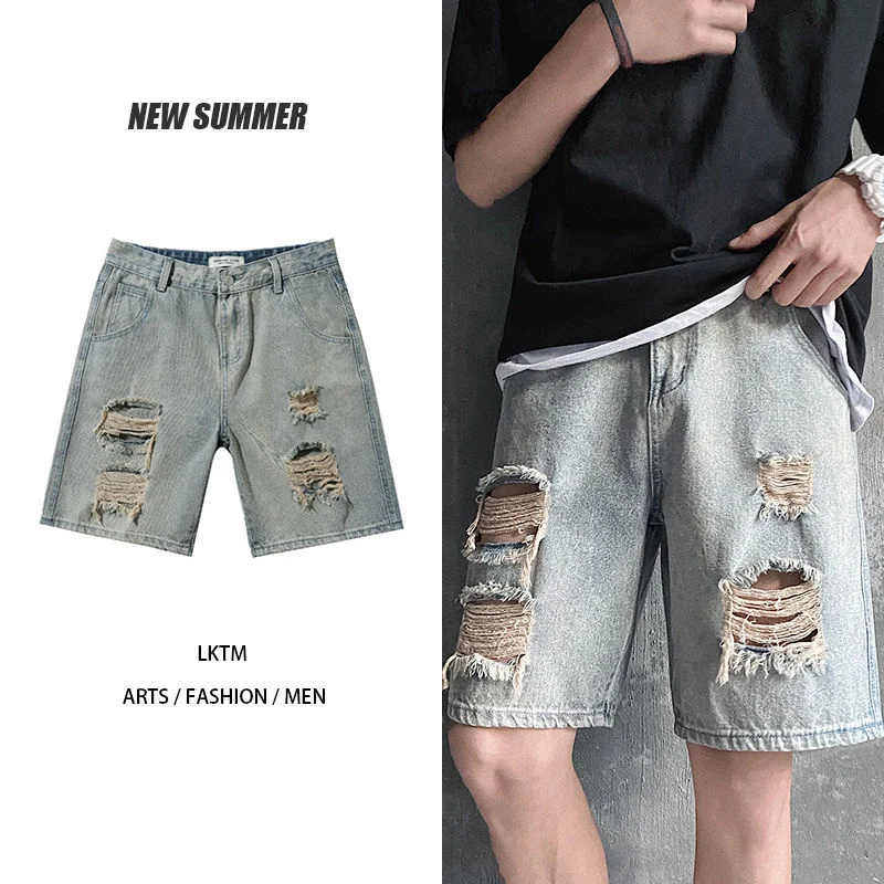 

Jeans Ripped Five Points Washed Blue Trend Straight Wide Leg Shorts Casual Loose Classic Retro Simple Hiphop Sports Pants Summer
