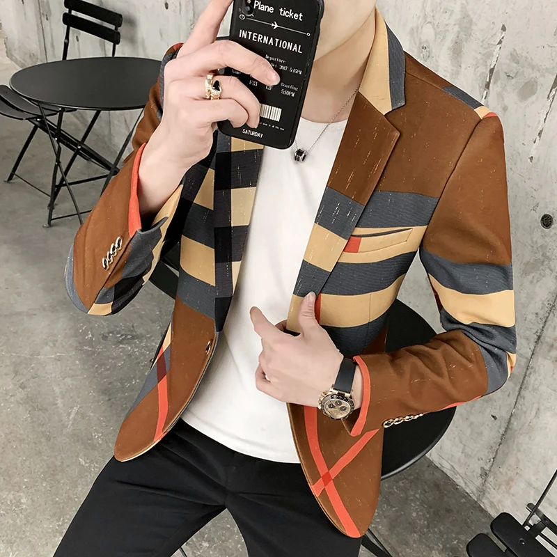 

2023New fashion four seasons trend high-end handsome texture messy suit jacket men's checked suit top slim business handsome