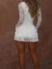 CHRONSTYLE Women Mini Dress Lace Front Hollow Out Round Neck Long Sleeve Dress Spring Fall Ruffles Dress Sexy Female Vestidos 3