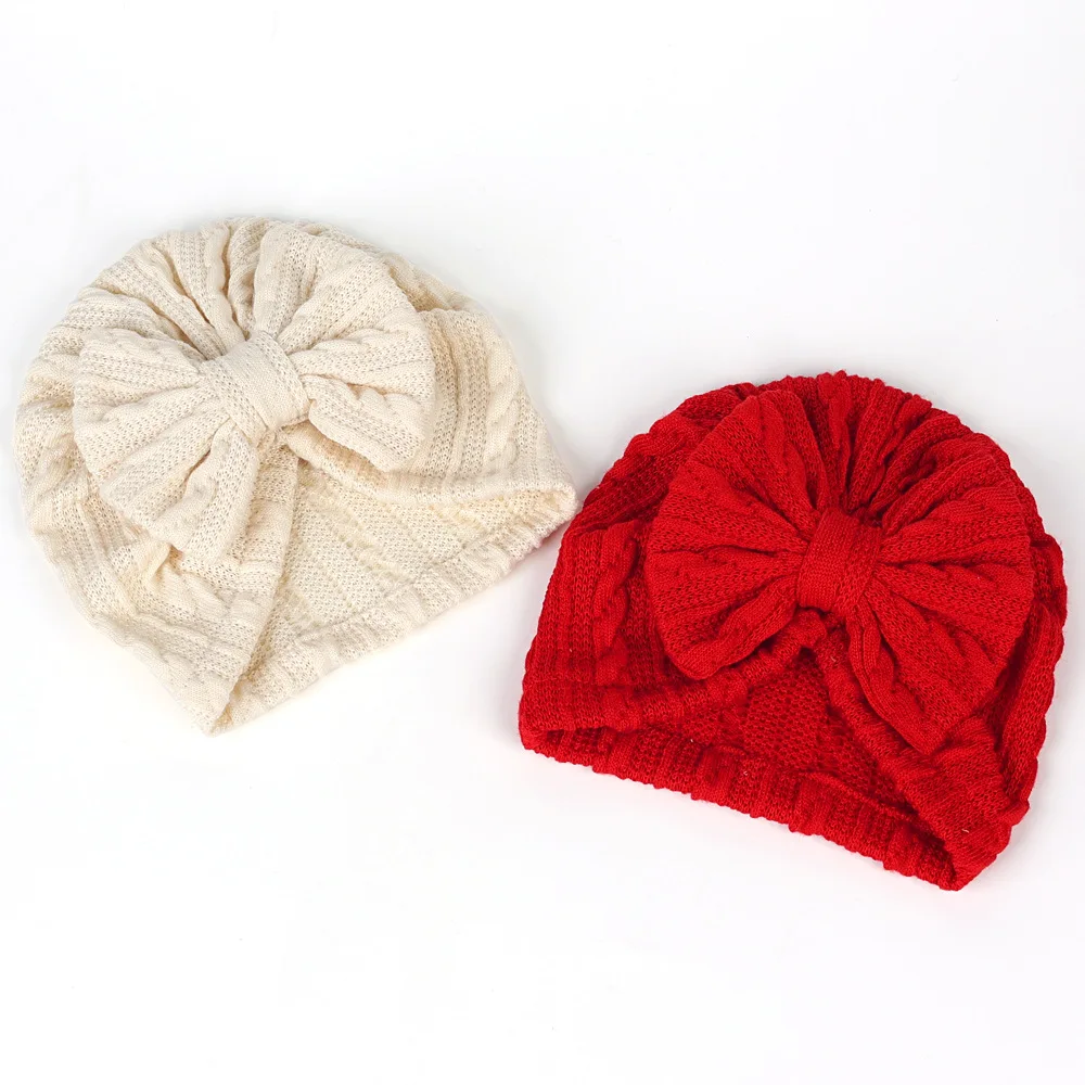 0-6M Lovely Bowknot Knitted Baby Hat Cute Solid Color Baby Girls Hat Turban Soft Newborn Infant Cap Knitting Beanies Head Wraps 2