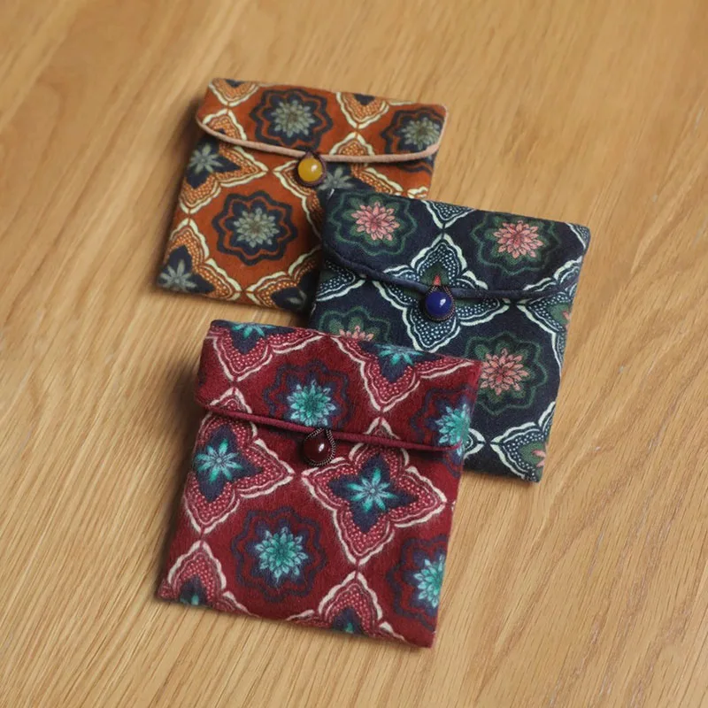 Small Vintage Bag Printed Cotton Bag Walnut Buddha Bead Storage Bag jewelry Flip Buckle Small Things Organizer