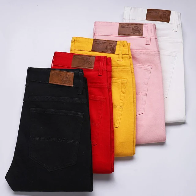 Nouveau haute qualité hommes tendance jaune rouge blanc jean 2024 printemps automne mâle taille haute pantalons décontractés marque classique Denim pantalon 1