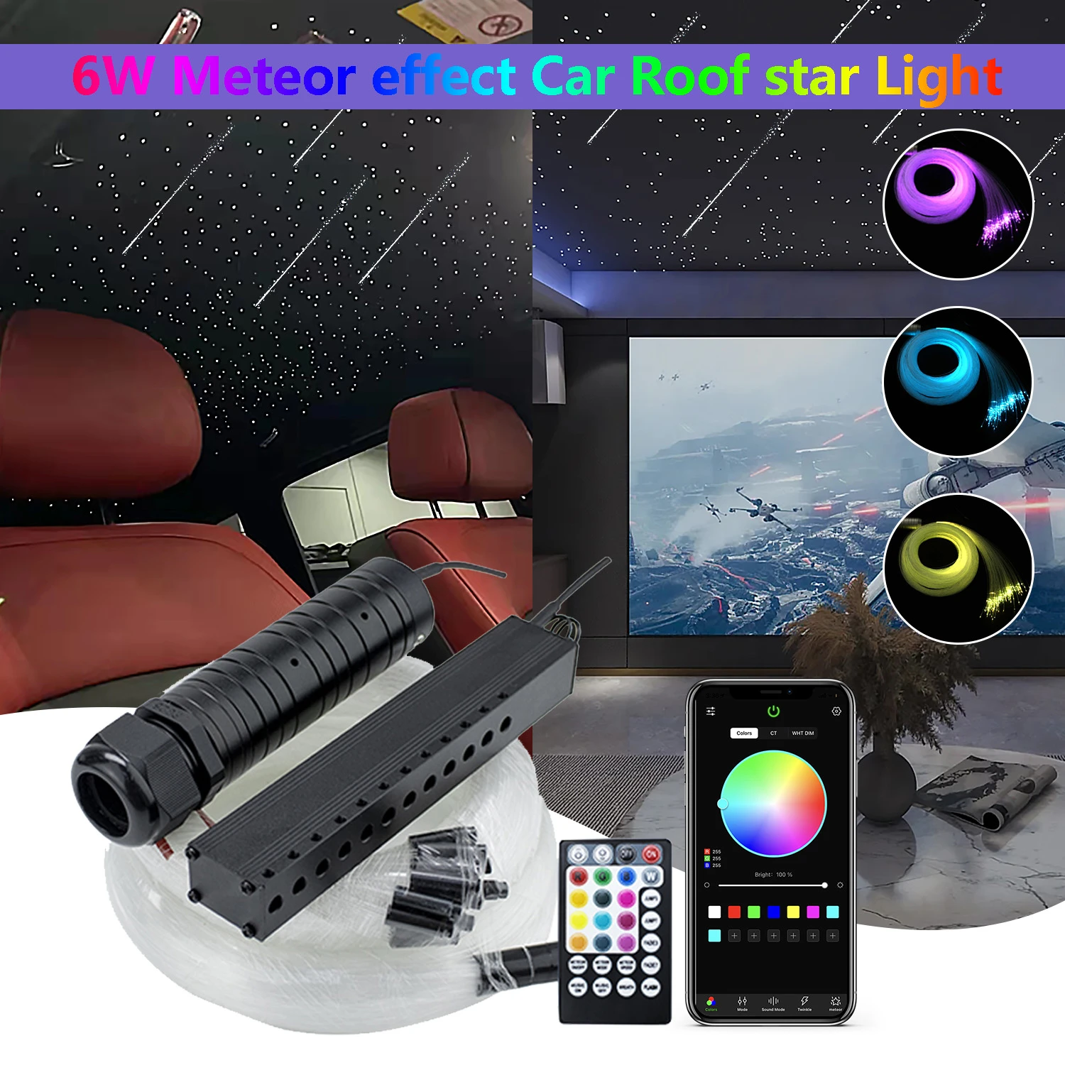 6w Rgbw Meteor Led Car Roof Star Light Music Controller Fiber Optic Stars Ceiling Light Kit For