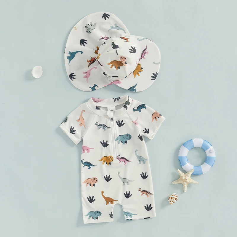 Citgeett Summer Toddler Boys Swimsuit Playsuits Cartoon Print Zipper Short Sleeve Bathing Suit Cap Clothes