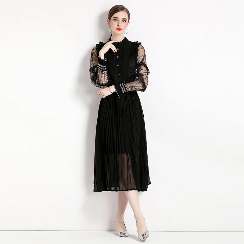 

2023 New Fashion Black Lace Dress Women's Summer Versatile Long Sleeve Loose Fit Casual Holiday Dress Vestidos