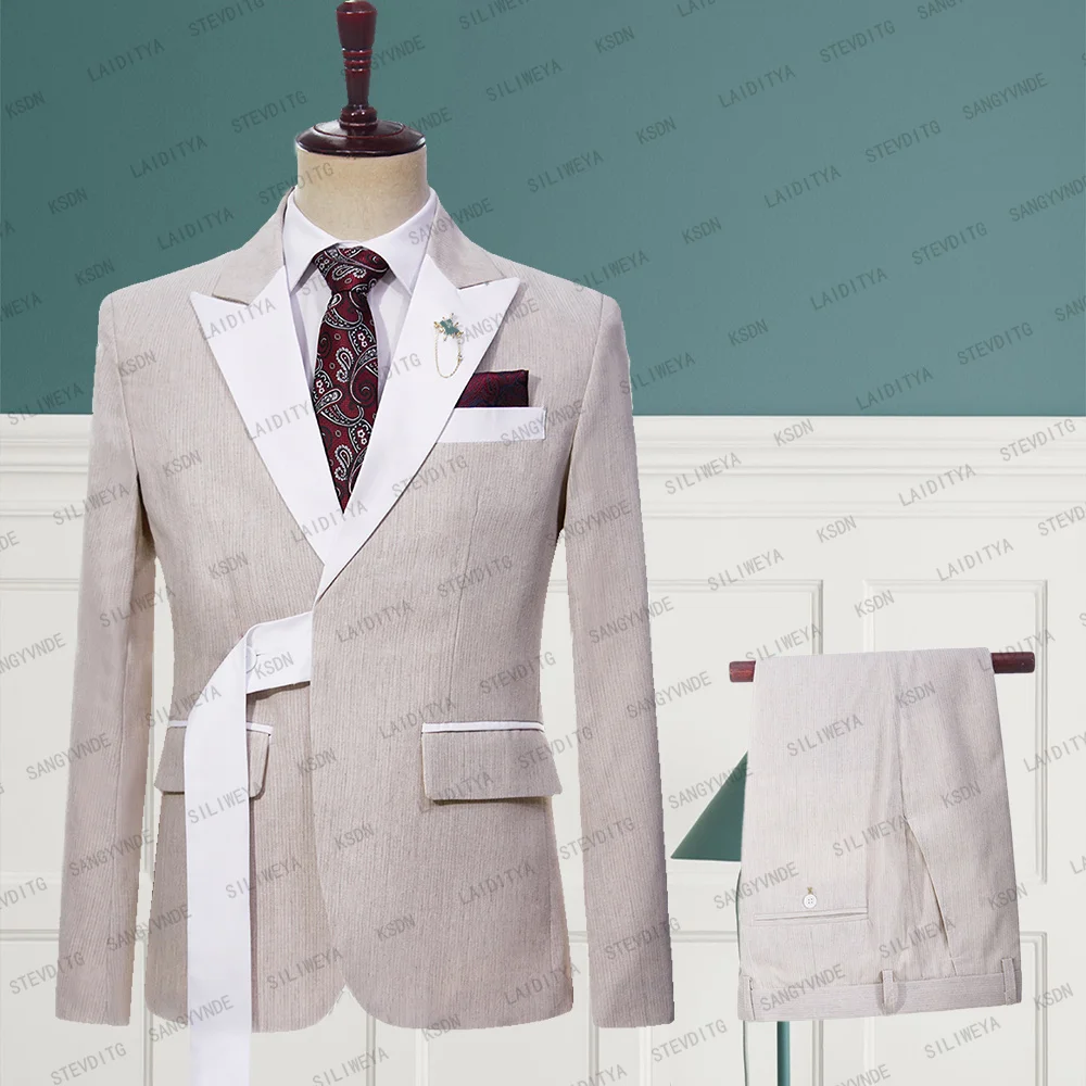 

Мужской деловой комплект из двух предметов, пиджак и брюки цвета хаки из льняной ткани с запахом, одежда для торжества, свадьбы, лето 2023