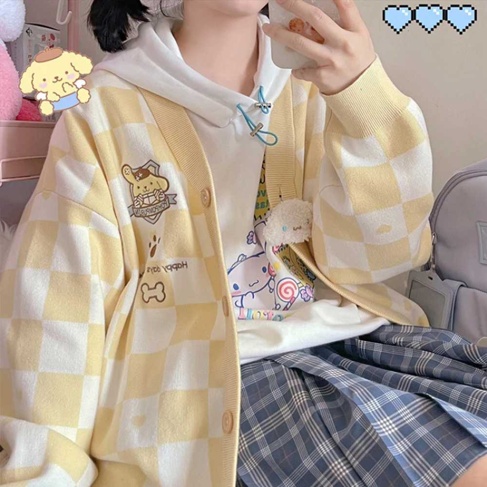 Cartoon Cinnamoroll Kuromi Embroidery Knitted Sweater Cardigan Japanese Sanrioed Y2K Kawaii Women Jk Uniform Spring Loose Coat 4