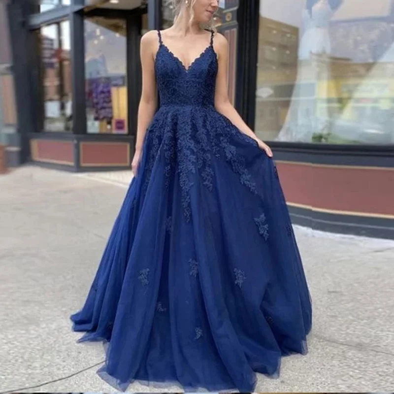 

Lace Appliques Luxurious Navy V-Neck Vestidos De Fiesta Noche Prom Evening Dress Formal Party Robe Soft Tulle Lace Up