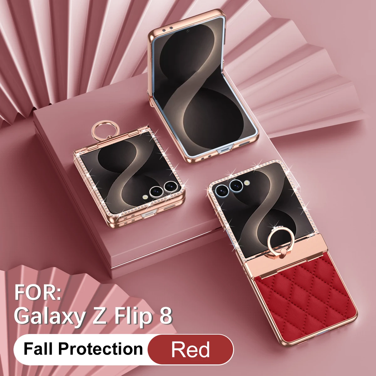 Luxury Bling PU Leather Phone Case with Hinge Ring Holder Stand and Electroplated Frame Cover