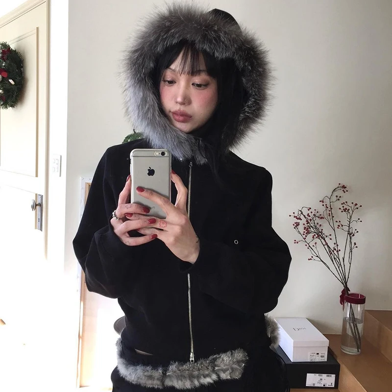 Karrram Japanese Y2k Fur Coat Women Vintage Korean Style Black Hooded Jacket Grunge Aesthetics Fur Collar Zipper Coat Thin 00s 2