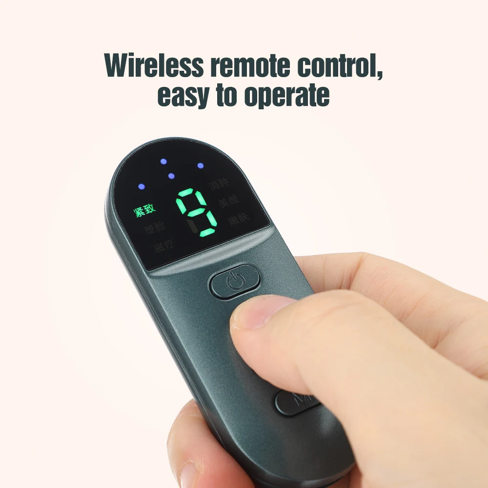 A hand holding a modern wireless V-line facial massager with a digital display.