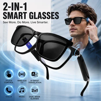 Occhiali Intelligenti Koipsse con Microfono, Occhiali da Sole Sportivi Wireless alla Moda 2 in 1, Riproduzione Musicale High-Tech, Anti-Luce Blu e UV