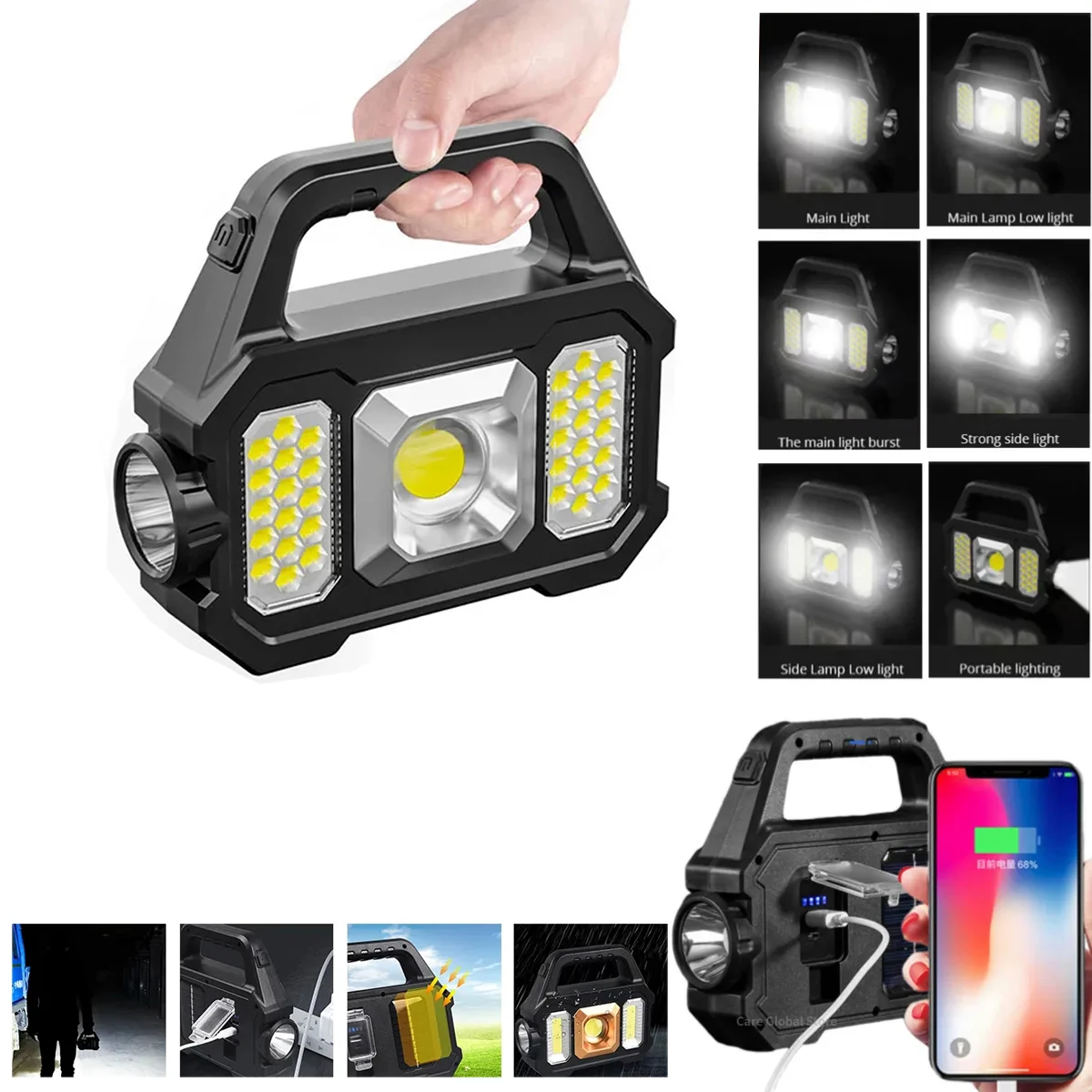 Solar Rechargeable LED Flashlight COB Zoomable Waterproof Tactical Torch Can Charge Mobile Phone for Camping portable flashlight portable torch
