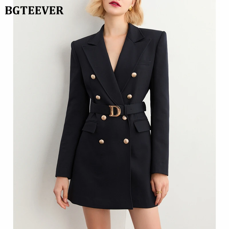 

Стильный женский Блейзер BGTEEVER с английским воротником, осенние элегантные двубортные Костюмные куртки с длинным рукавом и поясом, пальто для женщин