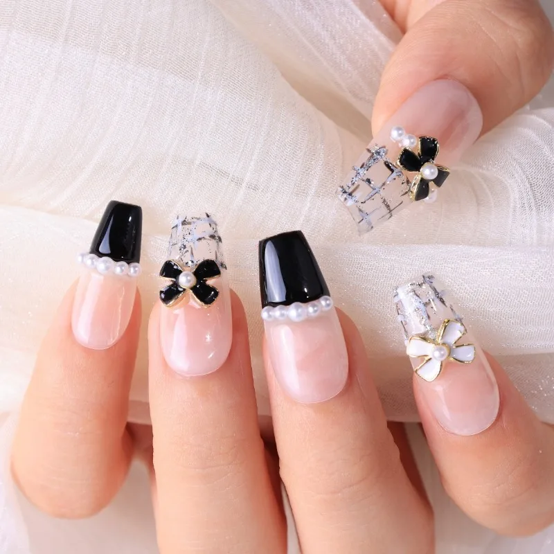 

10pcs Handmade Press On Nails Black French Tip Fake Nails With 3D Bow Pearl Rhinestone Design