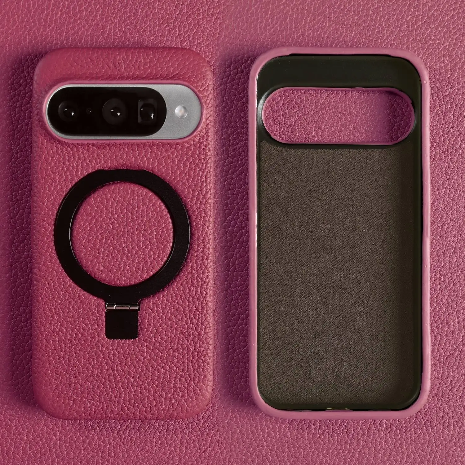 Genuine Leather Magnetic Ring Stand Phone Case with Stand & Magnetic Back Cover