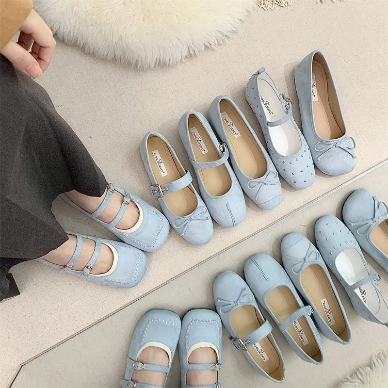 Blue Flats Mary Janes Shoes Women Spring Autumn Casual Buckle Strap Loafers Elegant Bow Tie Ballets Ladies Shoes Footwear New 6