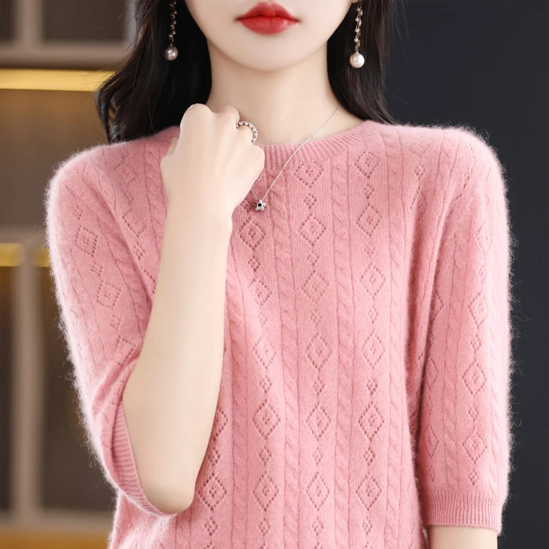

Women's 100% pure wool short-sleeved T-shirt spring round neck knitted top 2023 new loose half-sleeved sweater fashion pullover