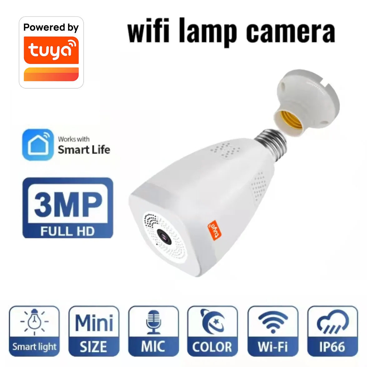 

Tuya WiFi Blub 3MP camera 360 degree 3W LED light panoramic home security WiFi CCTV fisheye bulb IP camera two ways audio cam