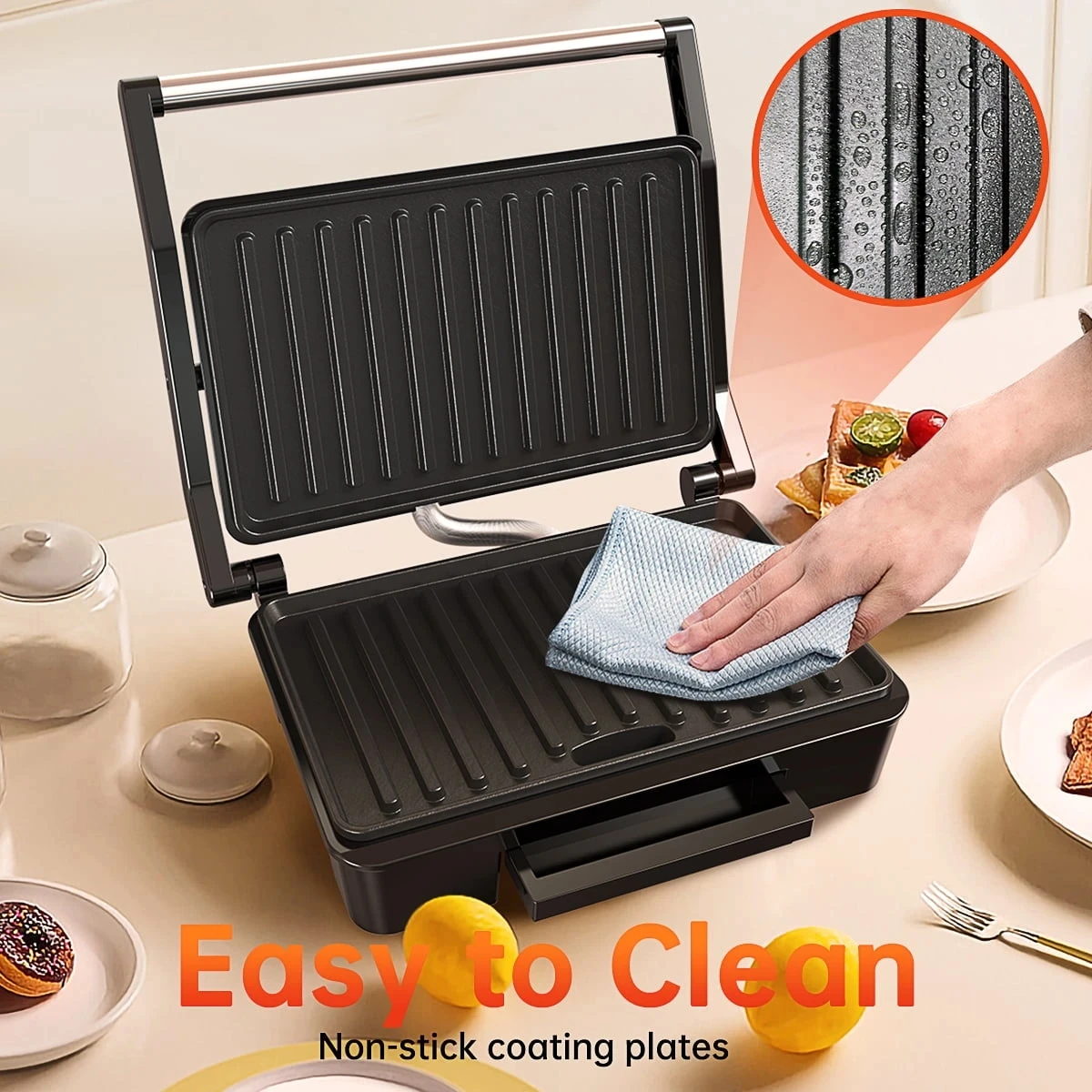 Press Sandwich Maker, 2 Slice Stainless Steel Panini Press Grill, Non-Stick Sandwich Maker with Removable Drip Tray