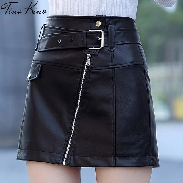 Women's New High Waisted Black Leather Mini Skirt with Zipper