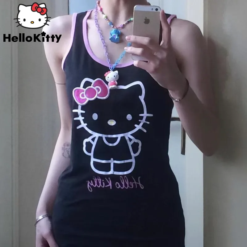 

Sanrio Cartoon Pattern Women Hip Wrap Skirt Y2k Spicy Girl Sexy Camisole Cute Kitty Printed Slim Dress Summer New Tank Clothing