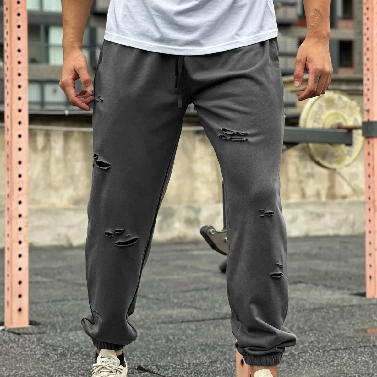 Mens Streetwear Casual Trend Cuffed Pants Jogging Drawstring Sweatpant Ripped Trousers Gym Fitness Sports Bottom Male Costume 2