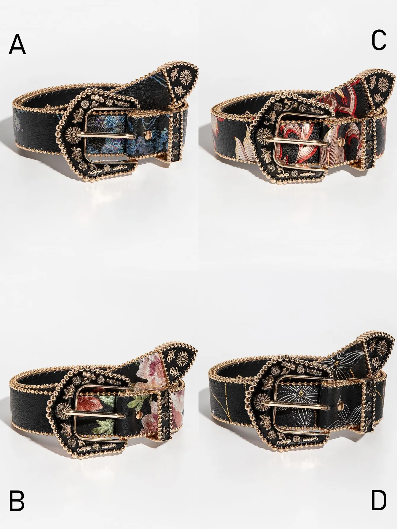 1pc Vintage Western Style Damen schwarze Metalls chnalle asymmetrische Blumen bestickt & geätzt Ledergürtel, geeignet für lässig