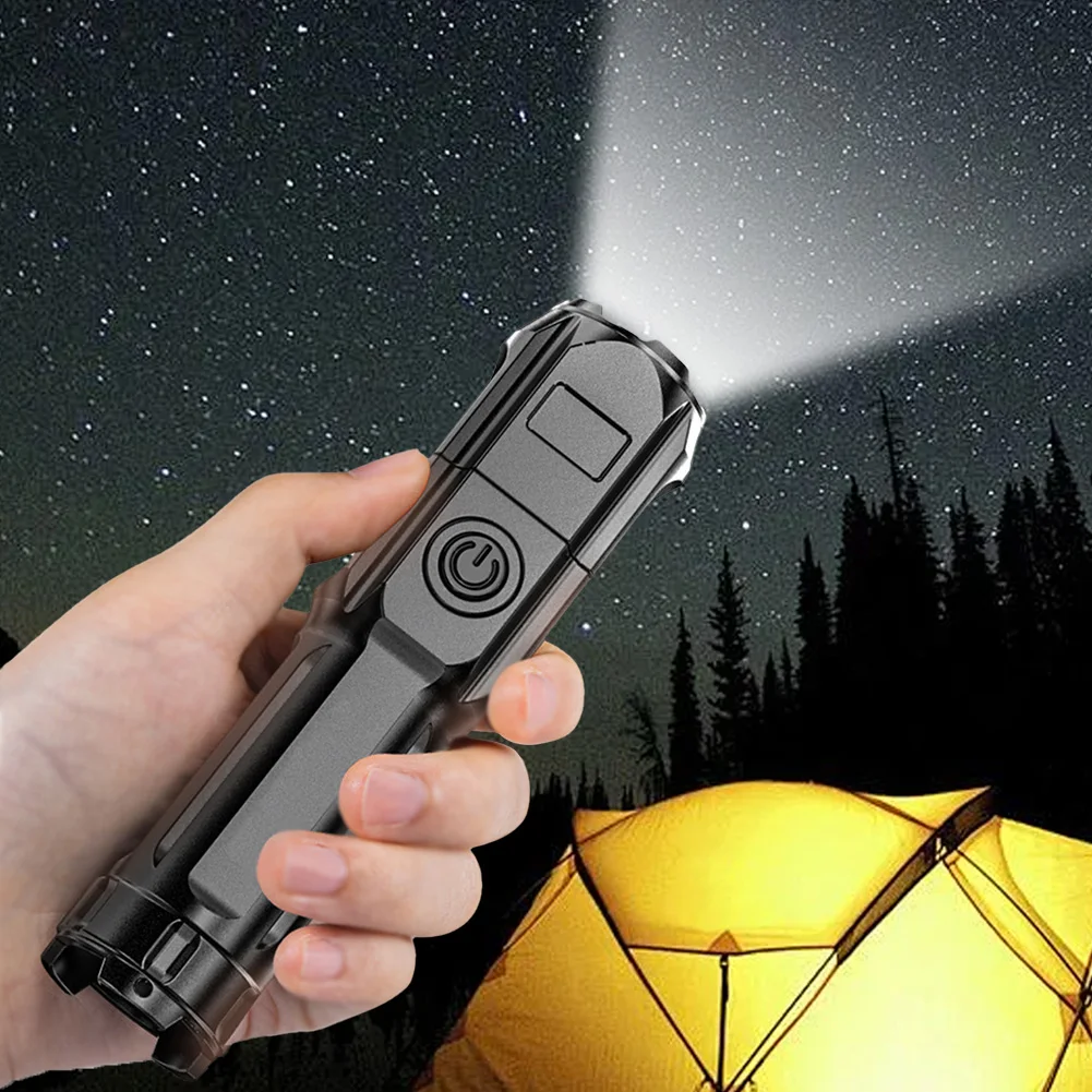 고출력 LED 손전등, USB 충전식 강한 빛, 매우 밝은 LED 손전등, 줌 가능, 야외 캠핑 하이킹 조명