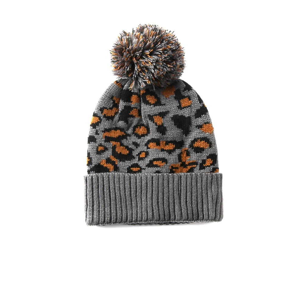 4 Color Knitted Leopard Beanies Skully Trendy Warm with Pompom Fur Pom Pom Print Winter Hat For Women Fashion Gift 5