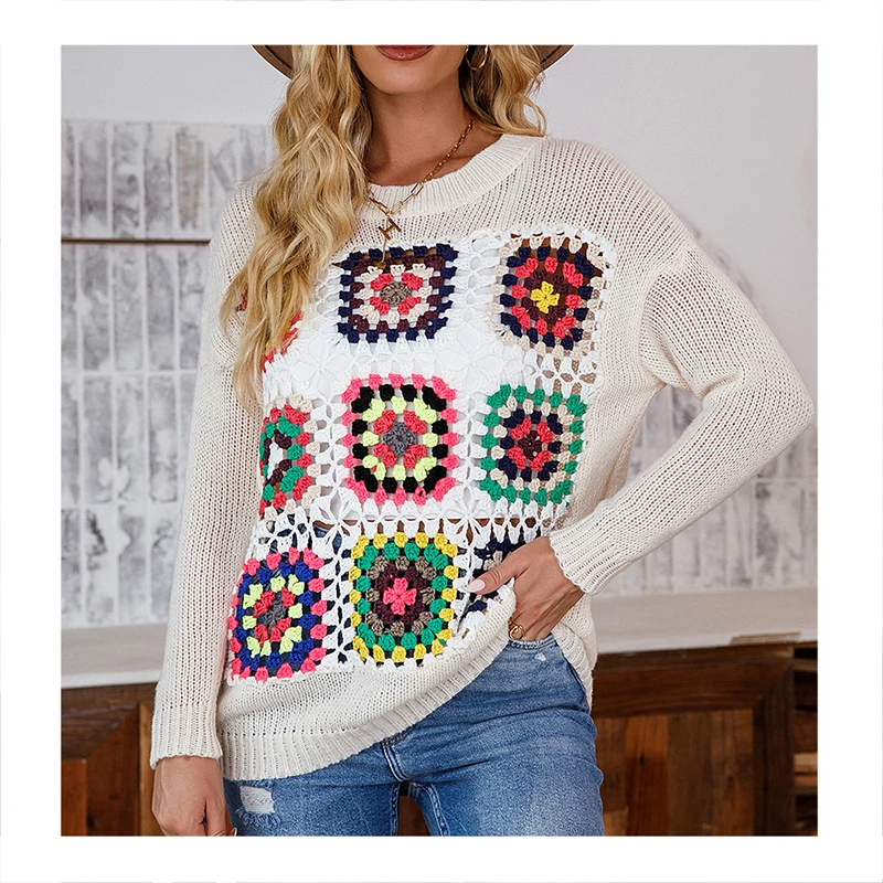 

DEARIRIS Urban Casual Crochet Collar Pullover Colorful Long Sleeve Sweater