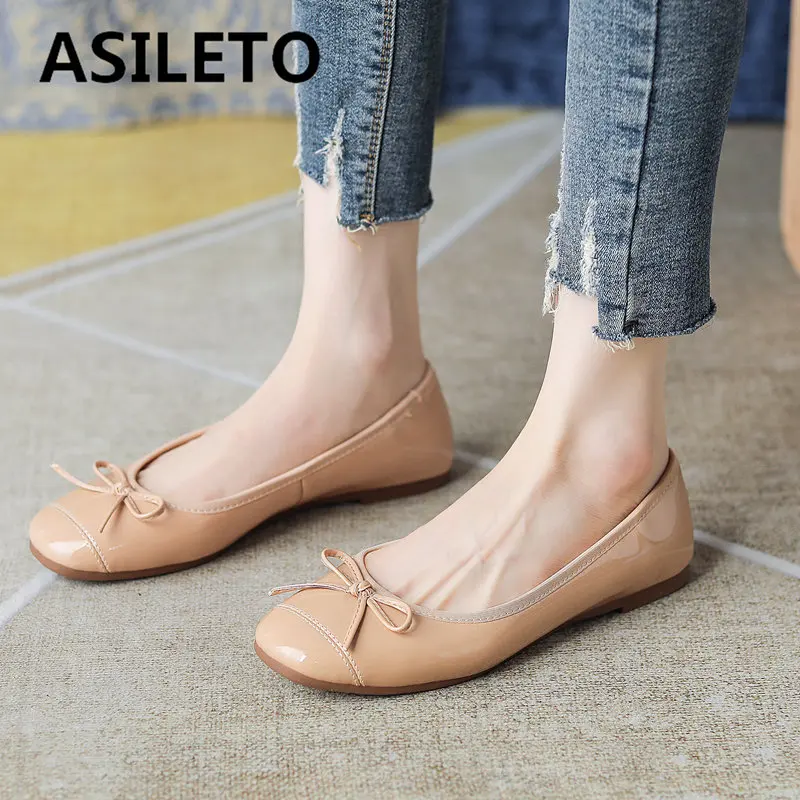 

ASILETO Brand Genuine Leather Women Flats Square Toe Slip On Butterfly Knot Concise Soft Lady Shoes Shallow Daily Big Size 40