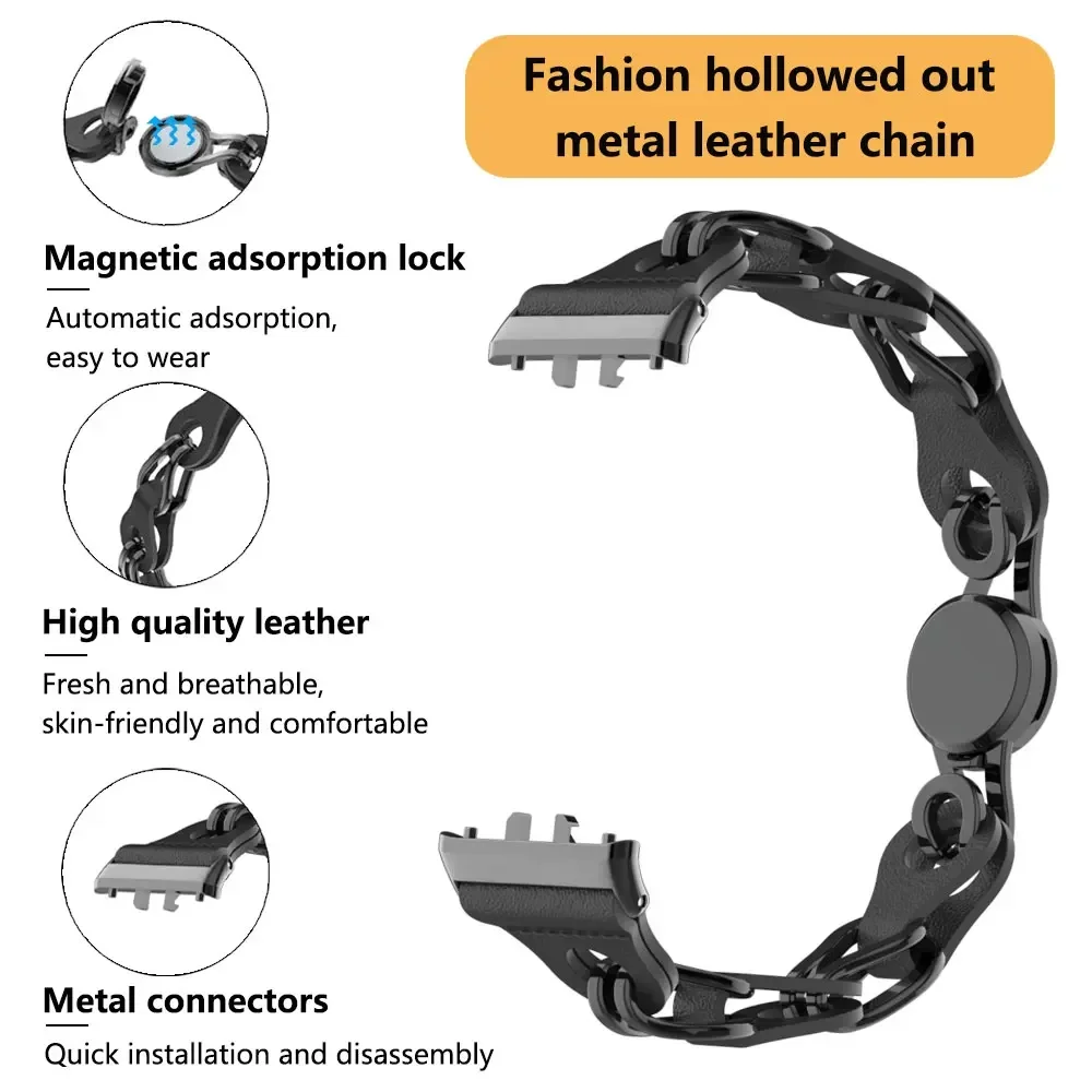 Magnetic Chain Band with Hollow Leather Bracelet Strap