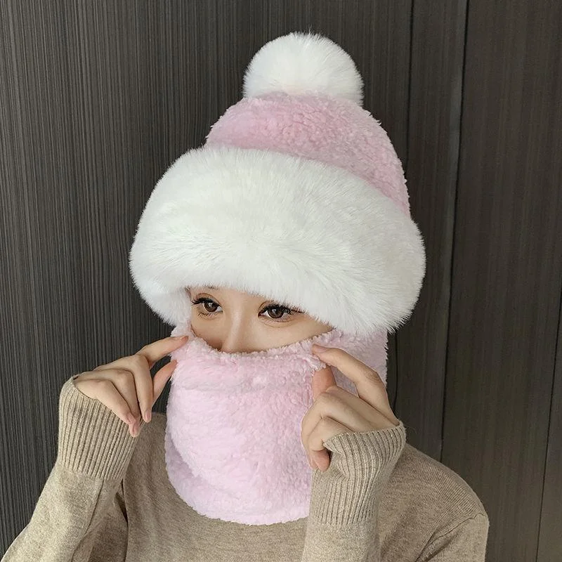Winter Scarf Set Hooded for Women Plush Neck Warm Russia Outdoor Ski Windproof Hat Thick Plush Fluffy Beanies 5