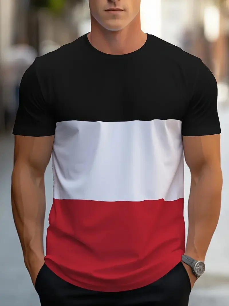 Summer Fashion Tri-color Geometric Pattern 3D Printed Embroidery Men's T-shirt Quick-Dry