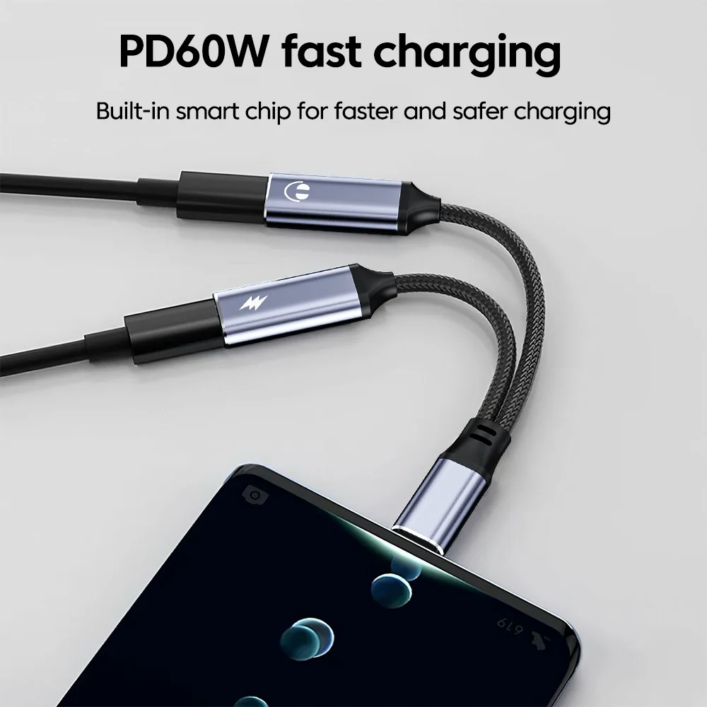 2 in 1 USB C 어댑터 타입-C to 타입-C PD60w 충전 + 타입-C 오디오 데이터 전송 커넥터 (휴대폰, 태블릿, 노트북용)