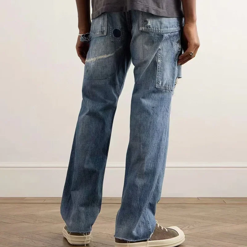 High Street New Saint Jeans Pants Men Woman 1:1 Casual Washed Hole Old Loose Blue Trousers Graffiti Vintage Best Quality 5