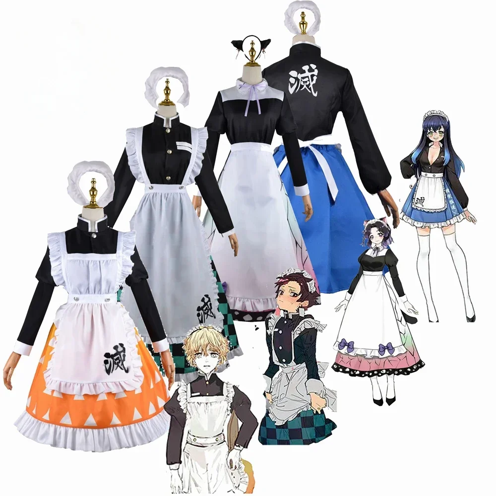 

Anime Demon Slayer Shinobu Zenitsu Inosuke Kamado Tanjirou Female Kimono Maid Outfit Cosplay Costume Halloween Lolita Sexy Dress