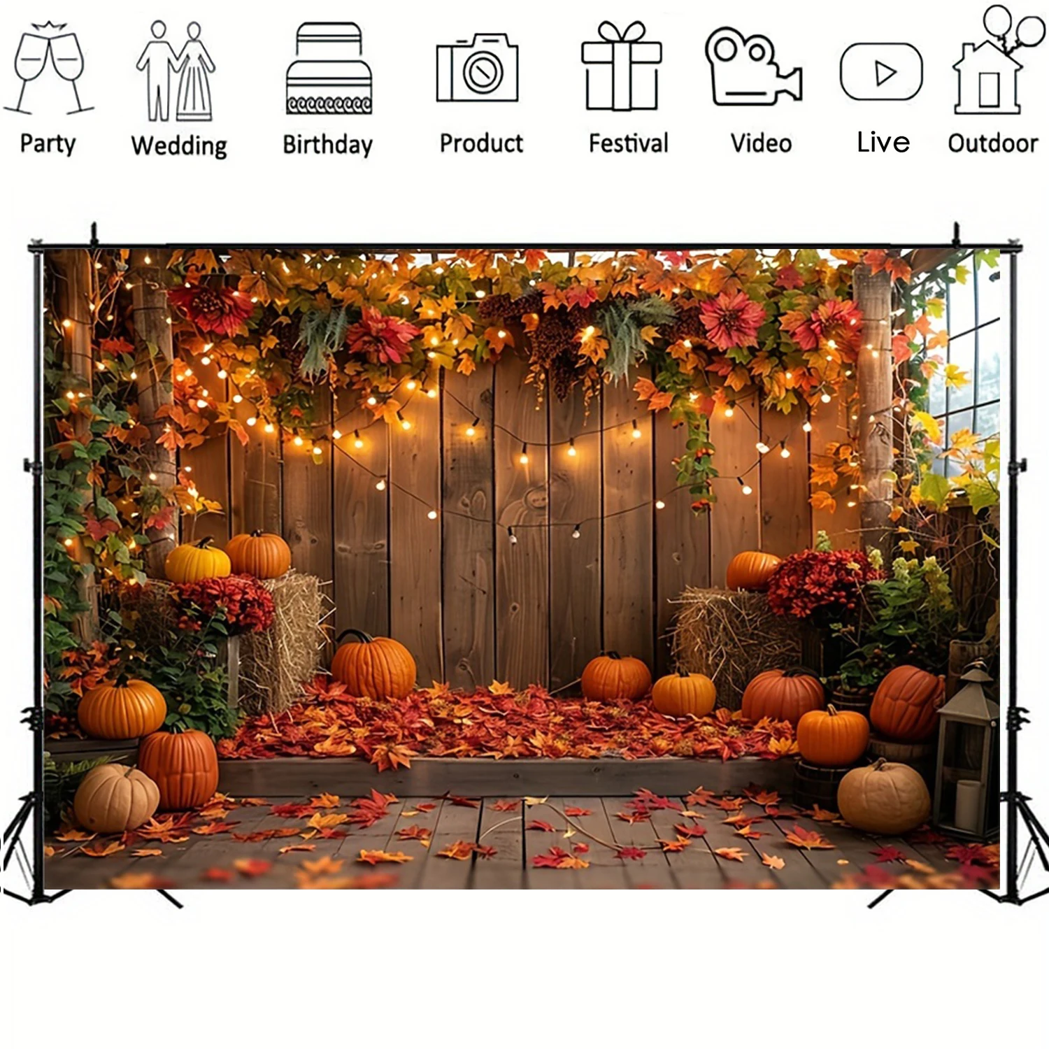 Toile De Fond Forêt D'automne 210x150 Cm - Feuilles D'érable Et Citrouille, Thème Récolte Et Thanksgiving