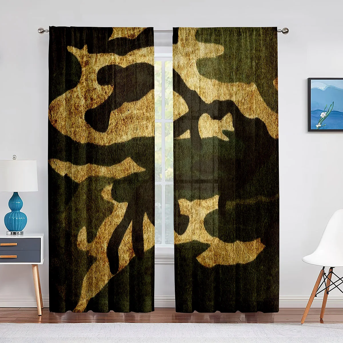 Military Green Camouflage Woodland Camo Brown Tulle Curtains for Living Room Kitchen Bedroom Sheer Voile Curtain Window Drapes 3