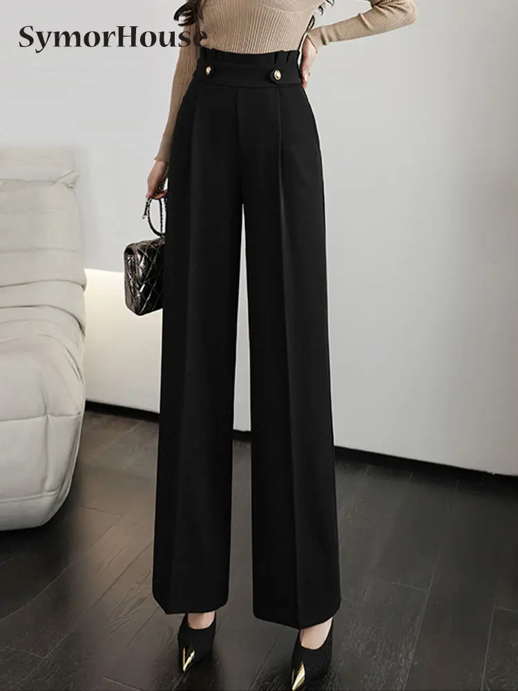 

New Spring Summer Women Suit Pants Elegant Bud Waist Wide-Leg Pants Fashion High Waist Office Lady Straight Trousers Female