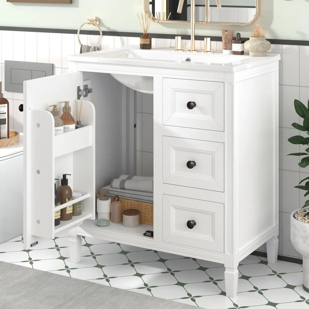 30" Bathroom Vanity with Sink,Freestanding Bathroom Vanity and Basin Sink Combo with Three Drawers and Two Door Shelves, (White) 2
