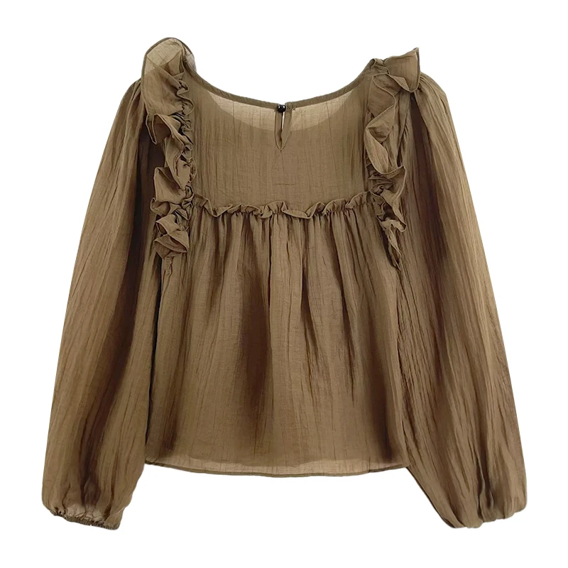 

French retro round neck ruffled early autumn light and thin loose lantern sleeve chiffon shirt