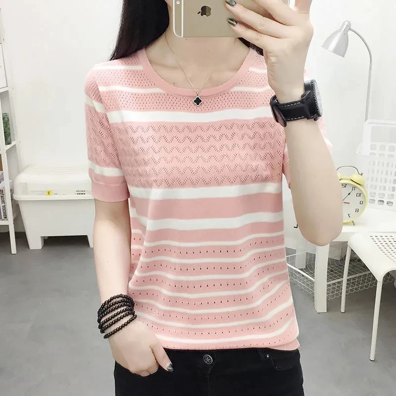 

Thin Hollow Out Striped T Shirt Women 2022 New Summer Loose Knitted Tops Female Casual Bottoming Tees Ice Silk Short Sleeve