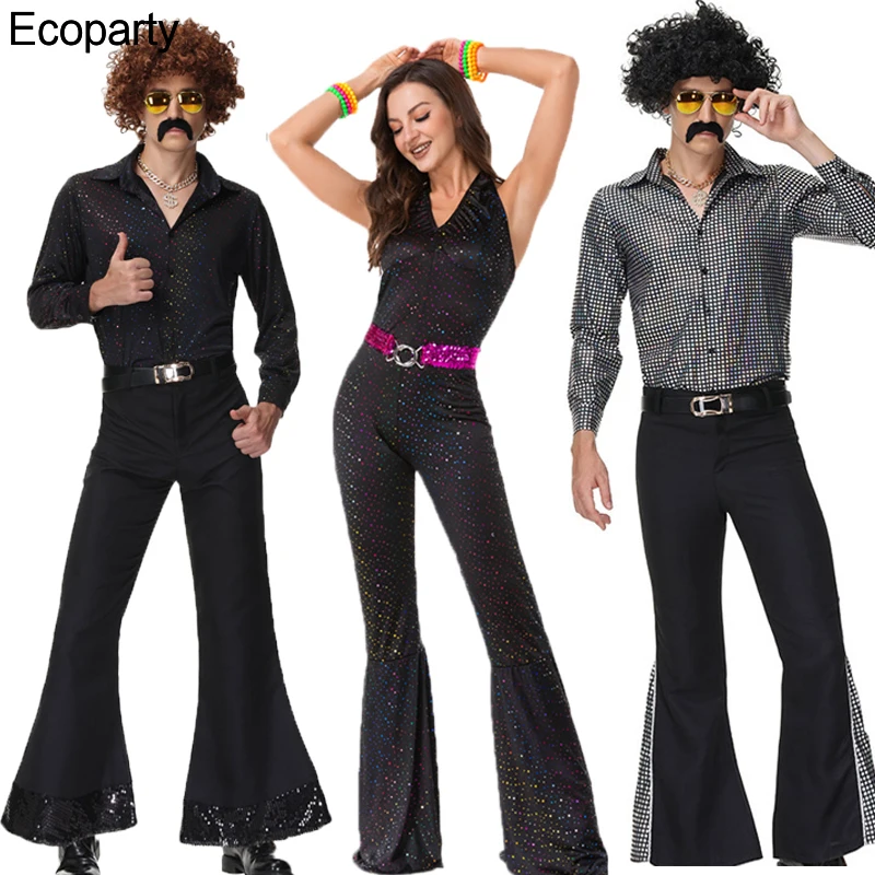 

Aldult 70s Vintage Hippie Cosplay Costume Man Women Black Couples Rock Disco Stage Show Dancing Suit Halloween Purim Outfits