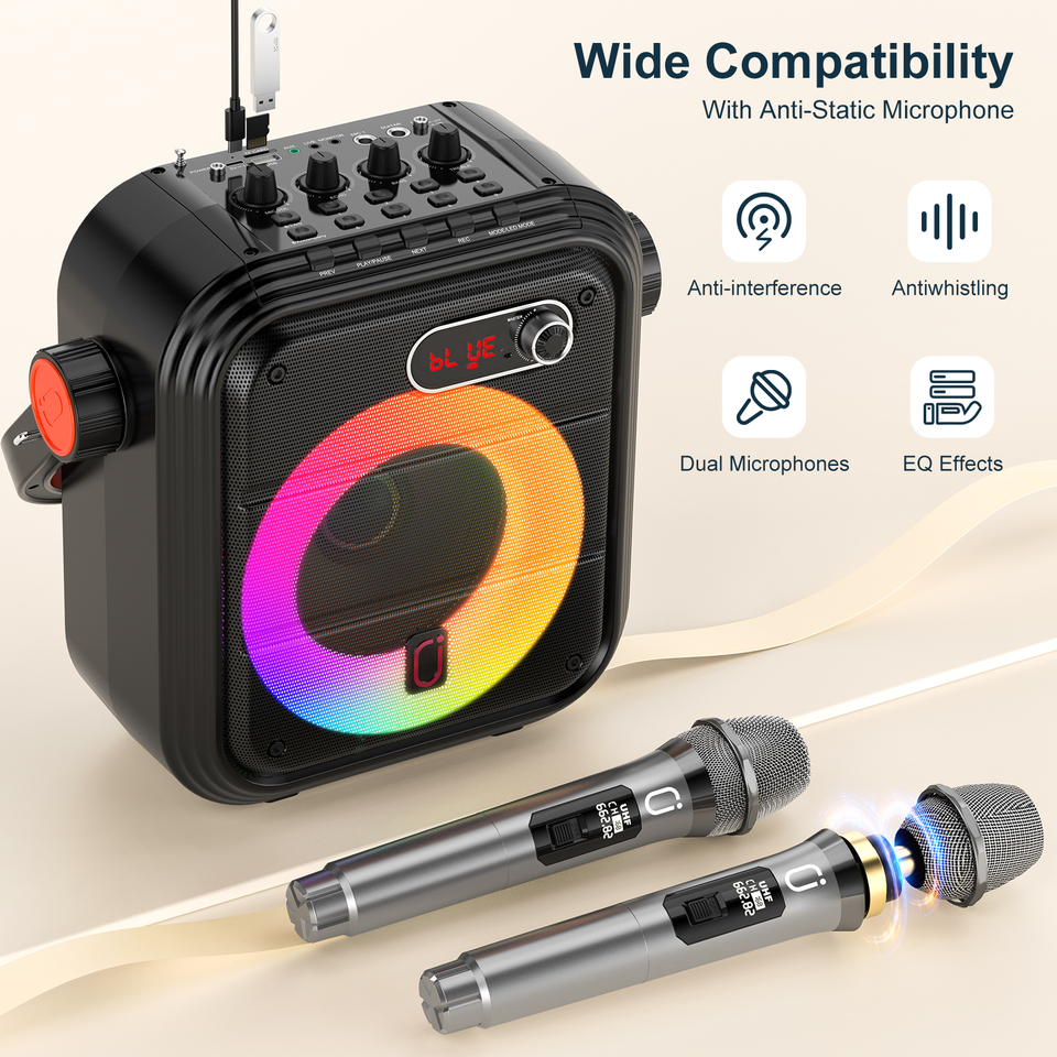FanFun 66Pro 5200MAH Portable BT Speaker With 2 Wireless Microphones, Karaoke Speaker For Adults, Karaoke Machine With DJ Light