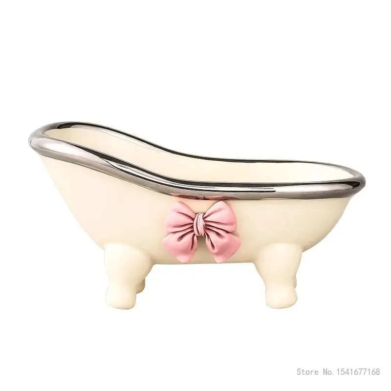 Cute Bow Knot Ceramic Soap Box, Creative Light Luxury, High, Beauty, Home Bathroom Decor Supplies, Thickened, Waterproof, 1Pc