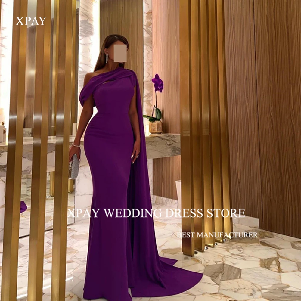 

XPAY Elegant Saudi Arabic Women Purple Evening Dresses With Detachable Jacket Cape Long Sleeve Elegant Formal Party Prom Gowns