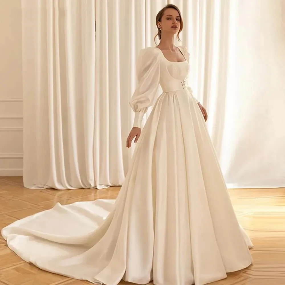 Graceful Satin Wedding Dresses With Detachable Coat Square Collar Bridal Gowns Long Puff Sleeves 2024 Vestidos De Novia 2023 satin elegant wedding dresses square collar one shoulder bridal gowns sexy backless robes 2024 side slit vestidos de novia 2023