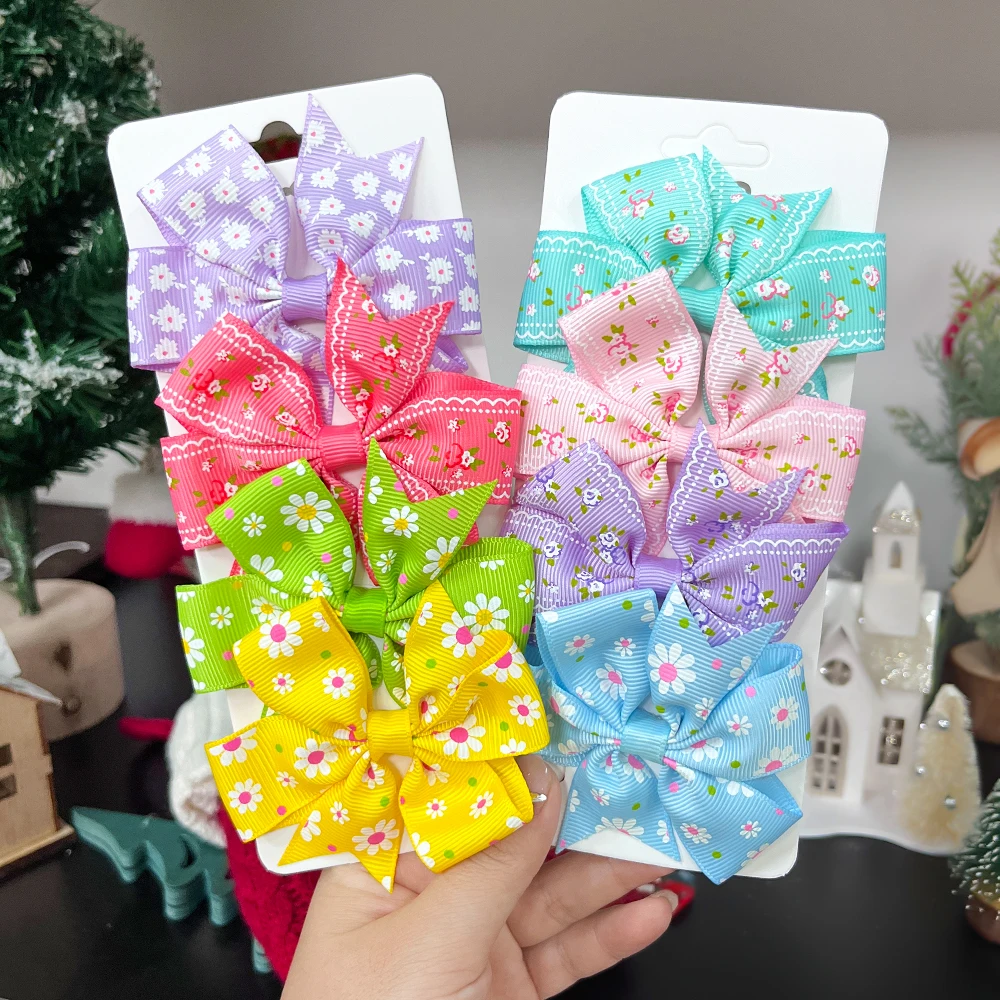 

4Pcs/lot Solid Ribbon Bowknot Hair Bows Hair Clip Printed Hairpins Children Barrettes Handmade Cheer Bow Kids Hair Accessories